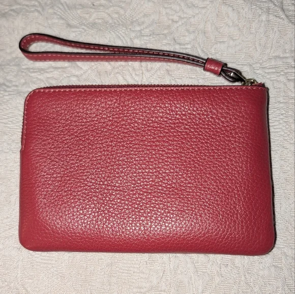 Coach Corner Zip Pebbled Leather Wristlet in Red And Gold - Picture 3 of 12